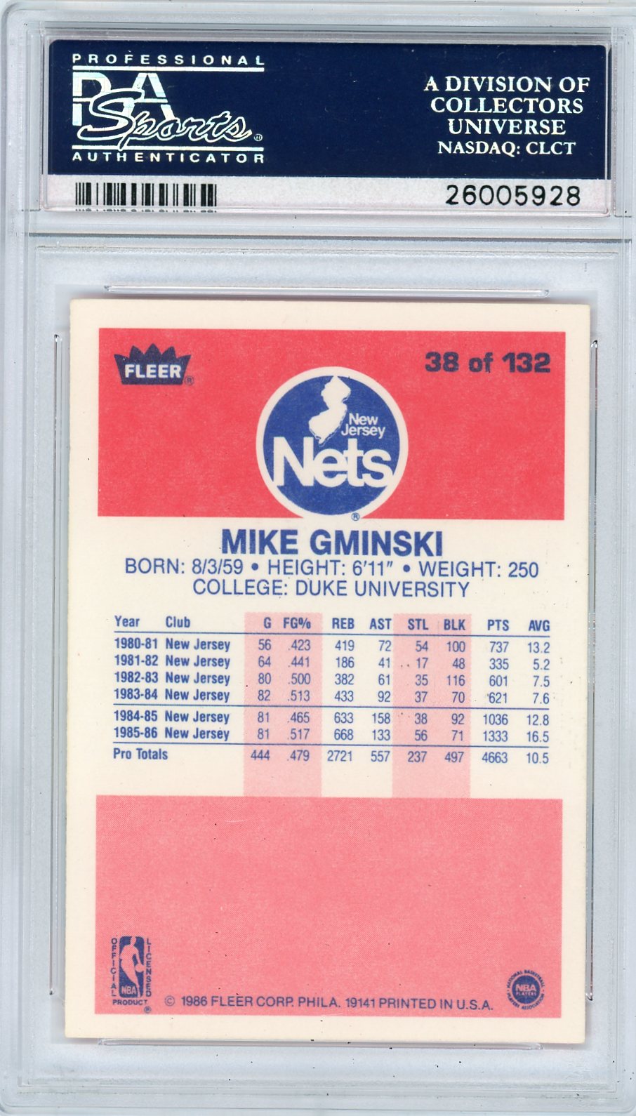 1986 Fleer Mike Gminski #38 PSA 9