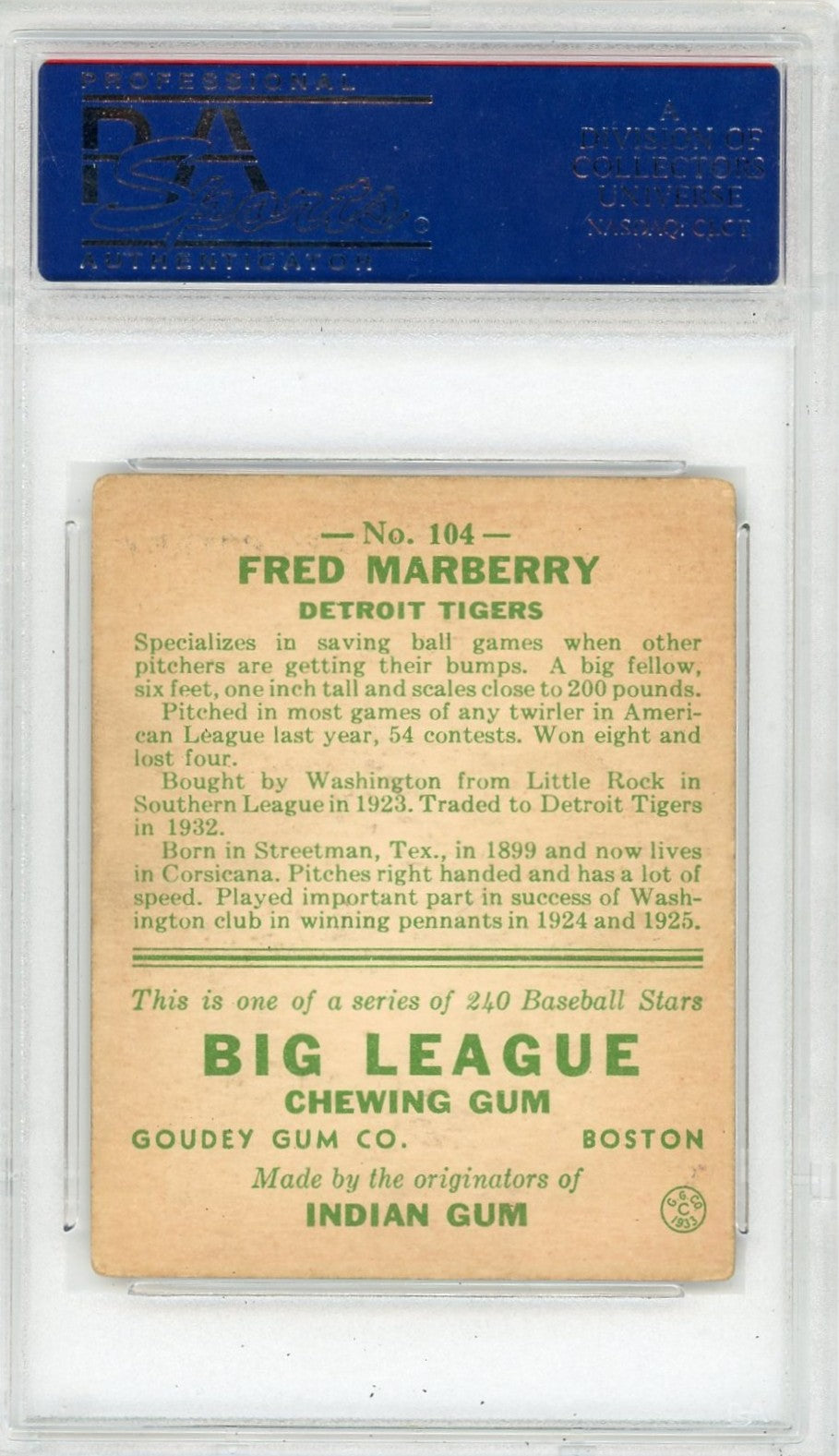 1933 Goudey Fred Marberry #104 PSA 3