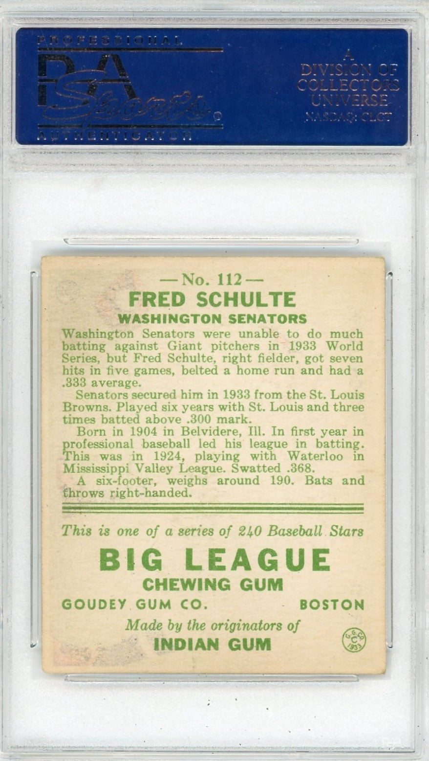 1933 Goudey Fred Schulte #112 PSA 4