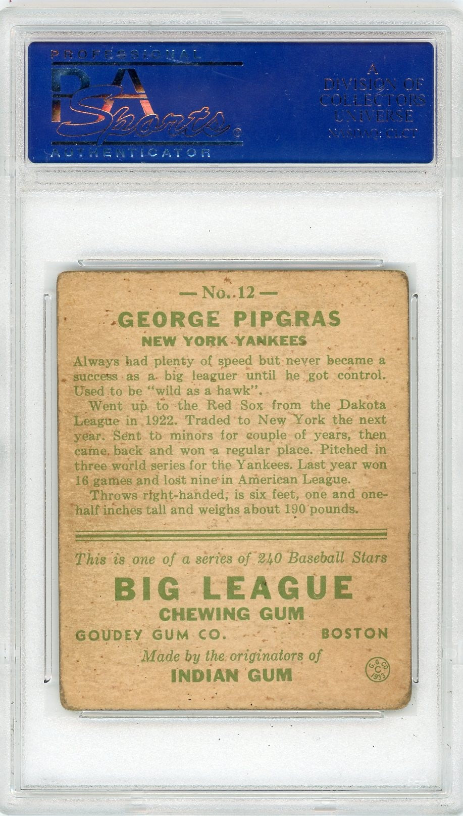 1933 Goudey George Pipgras #12 PSA 3