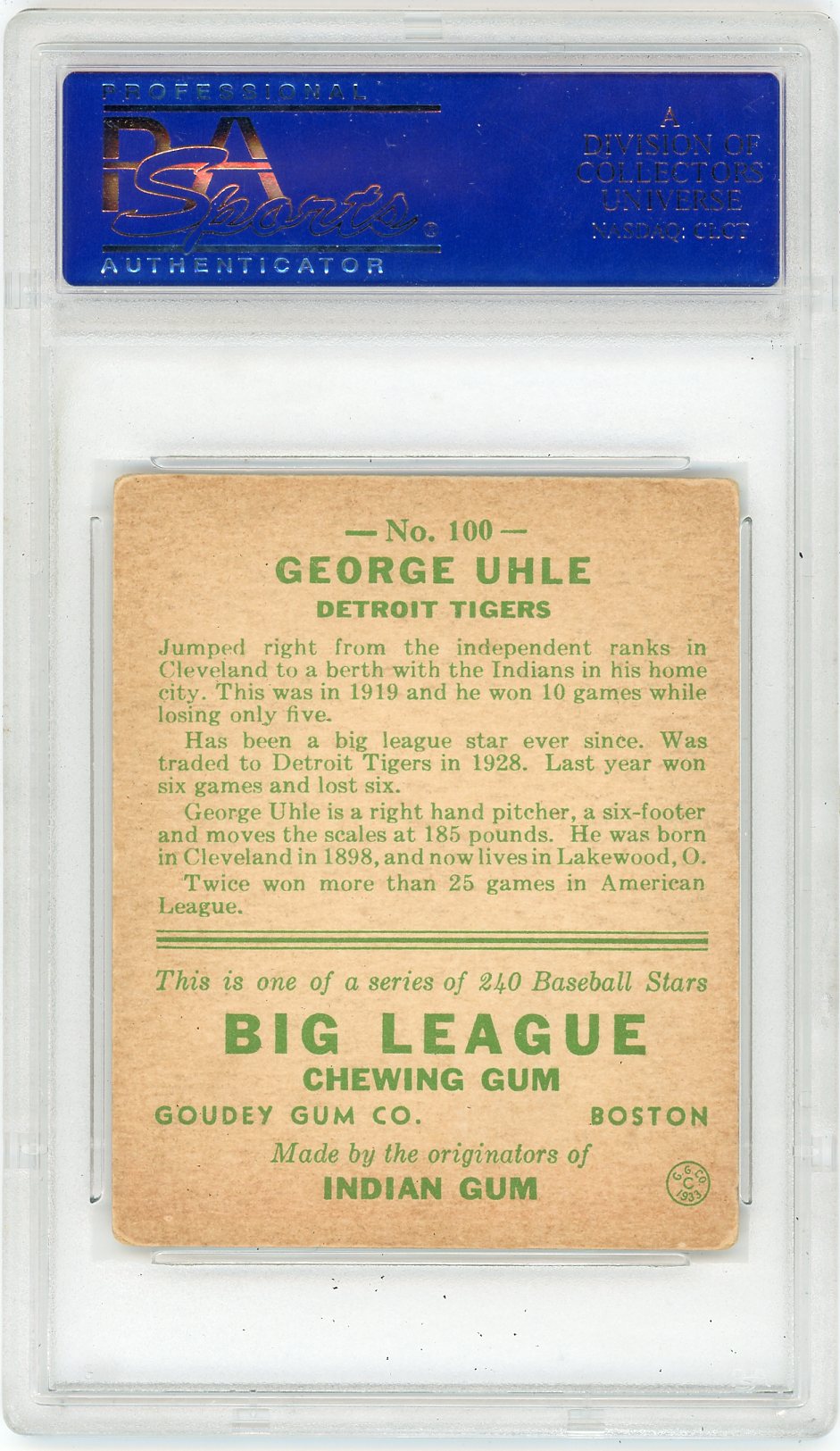 1933 Goudey George Uhle #100 PSA 3