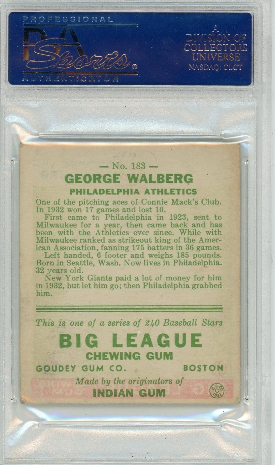 1933 Goudey George Walberg #183 PSA 3