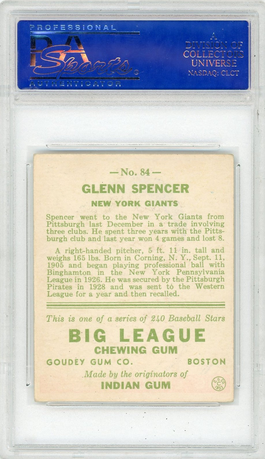 1933 Goudey Glenn Spencer #84 PSA 5
