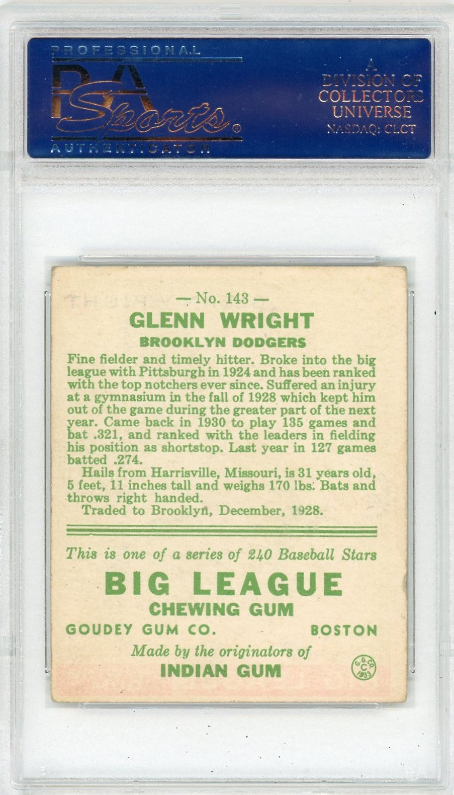 1933 Goudey Glenn Wright #143 PSA 4
