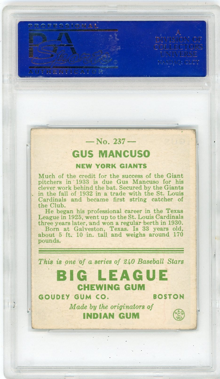 1933 Goudey Gus Mancuso #237 PSA 5