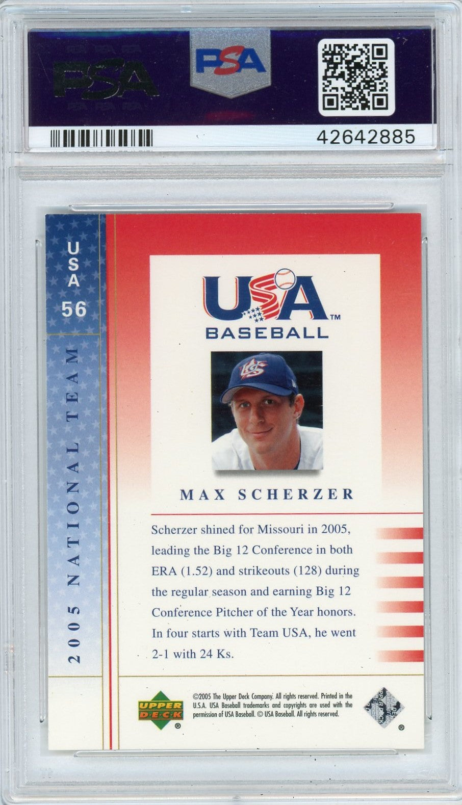 2005 Upper Deck Usa Baseball National Team Max Scherzer #USA56 PSA 10