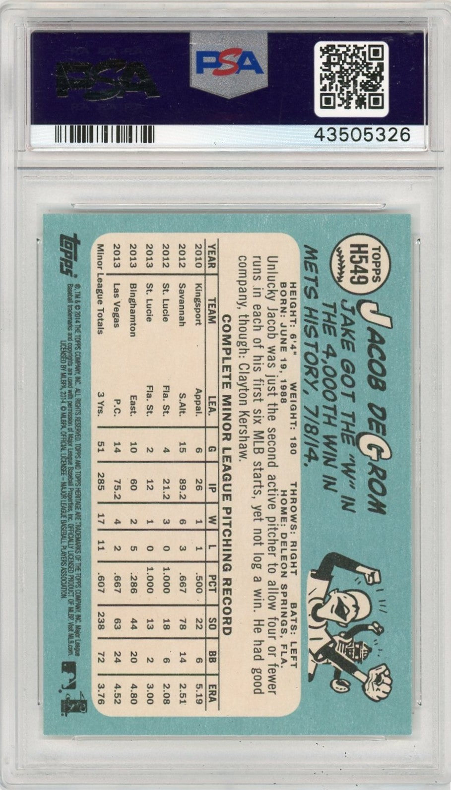 2014 Topps Heritage Jacob Degrom #H549 PSA 10