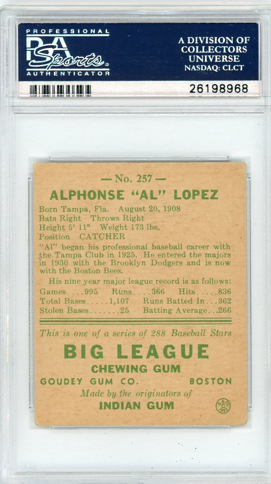 1938 Goudey Al Lopez #257 PSA 3