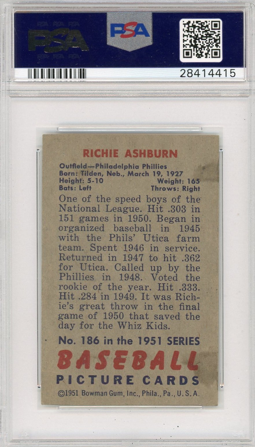 1951 Bowman Richie Ashburn #186 PSA 4