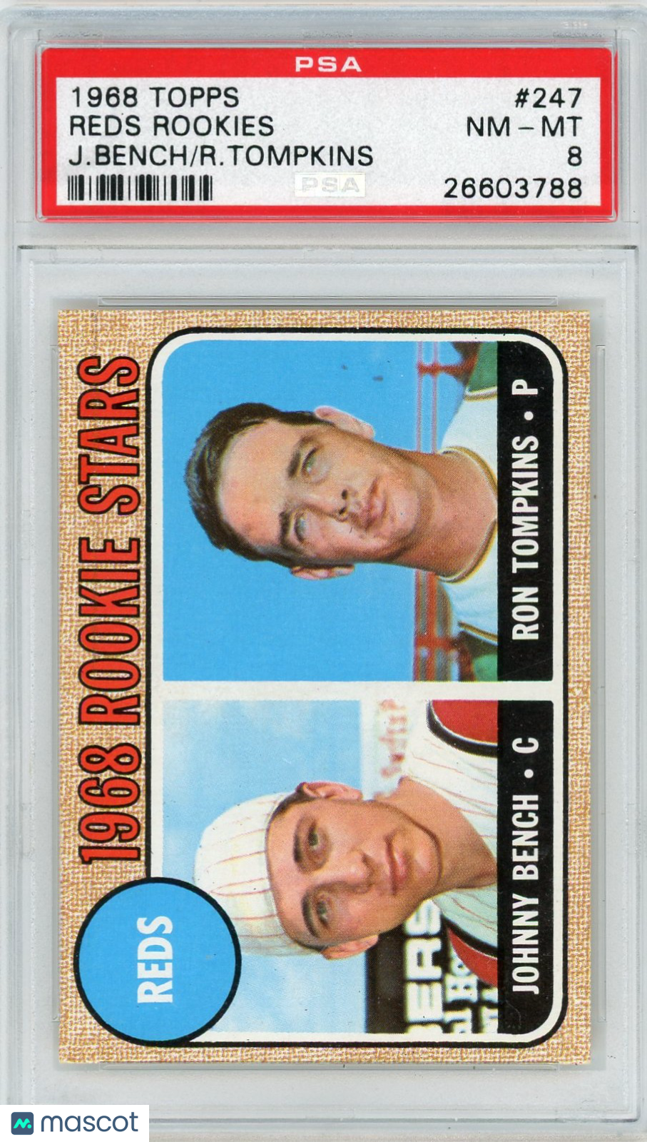 1968 Topps Reds Rookies #247 J. Bench R. Tompkins PSA 8