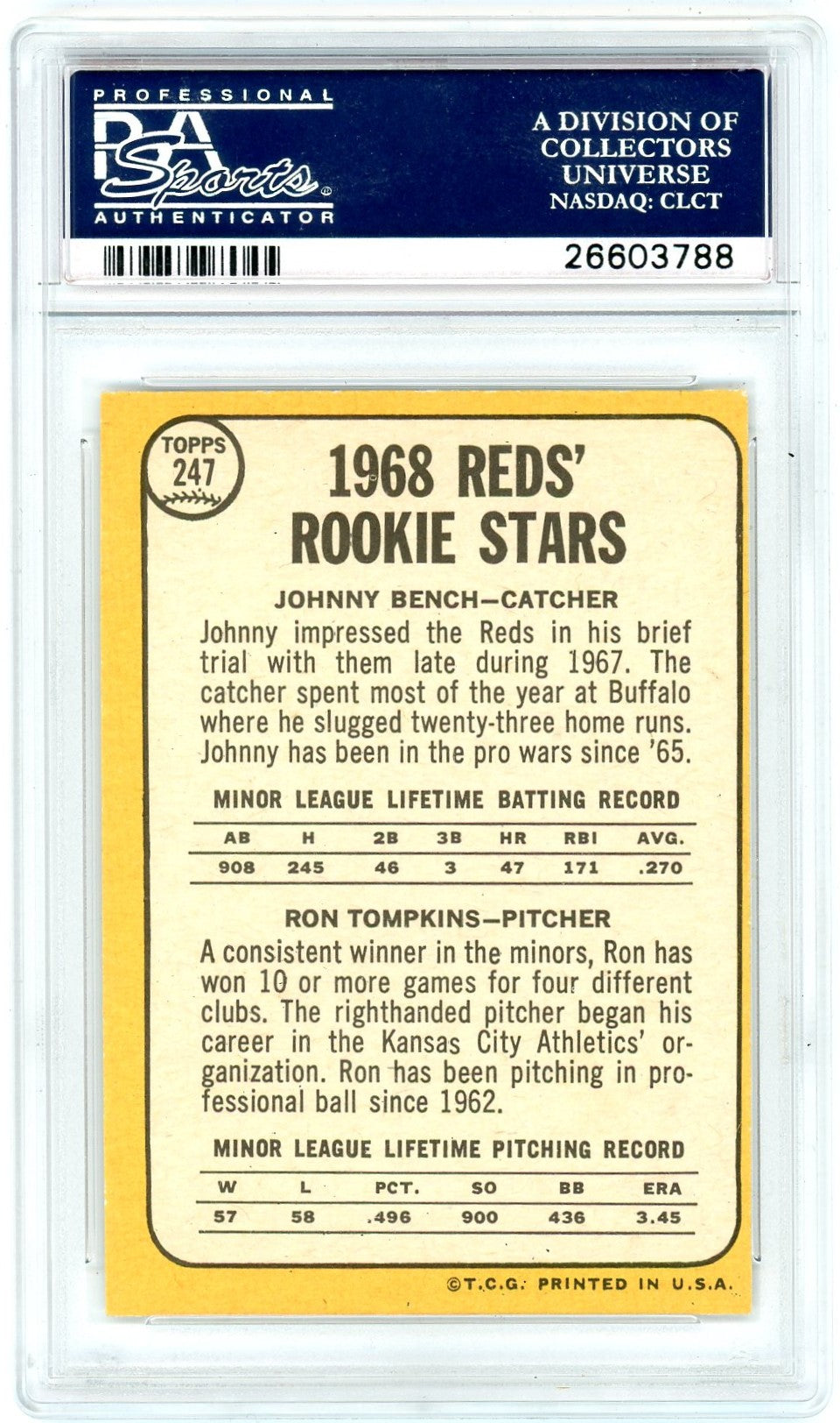1968 Topps Reds Rookies #247 J. Bench R. Tompkins PSA 8
