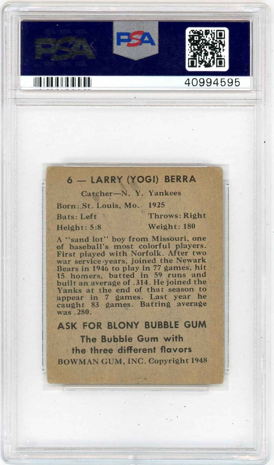 1948 Bowman Yogi Berra #6 PSA 4