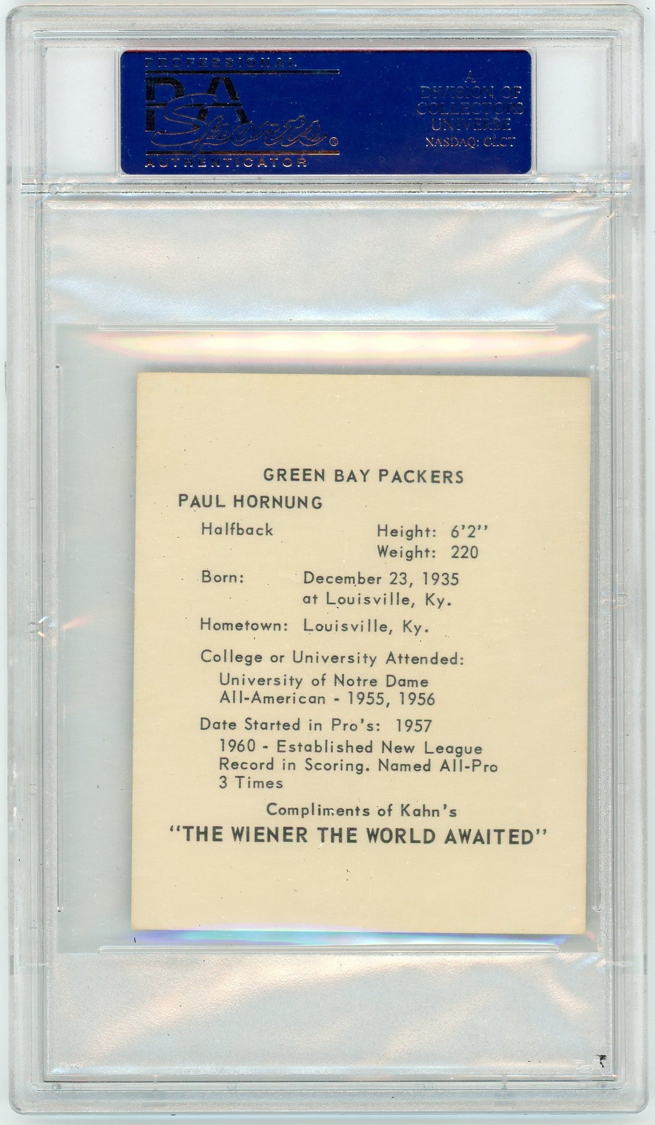 1964 Kahn's Wieners Paul Hornung PSA 7