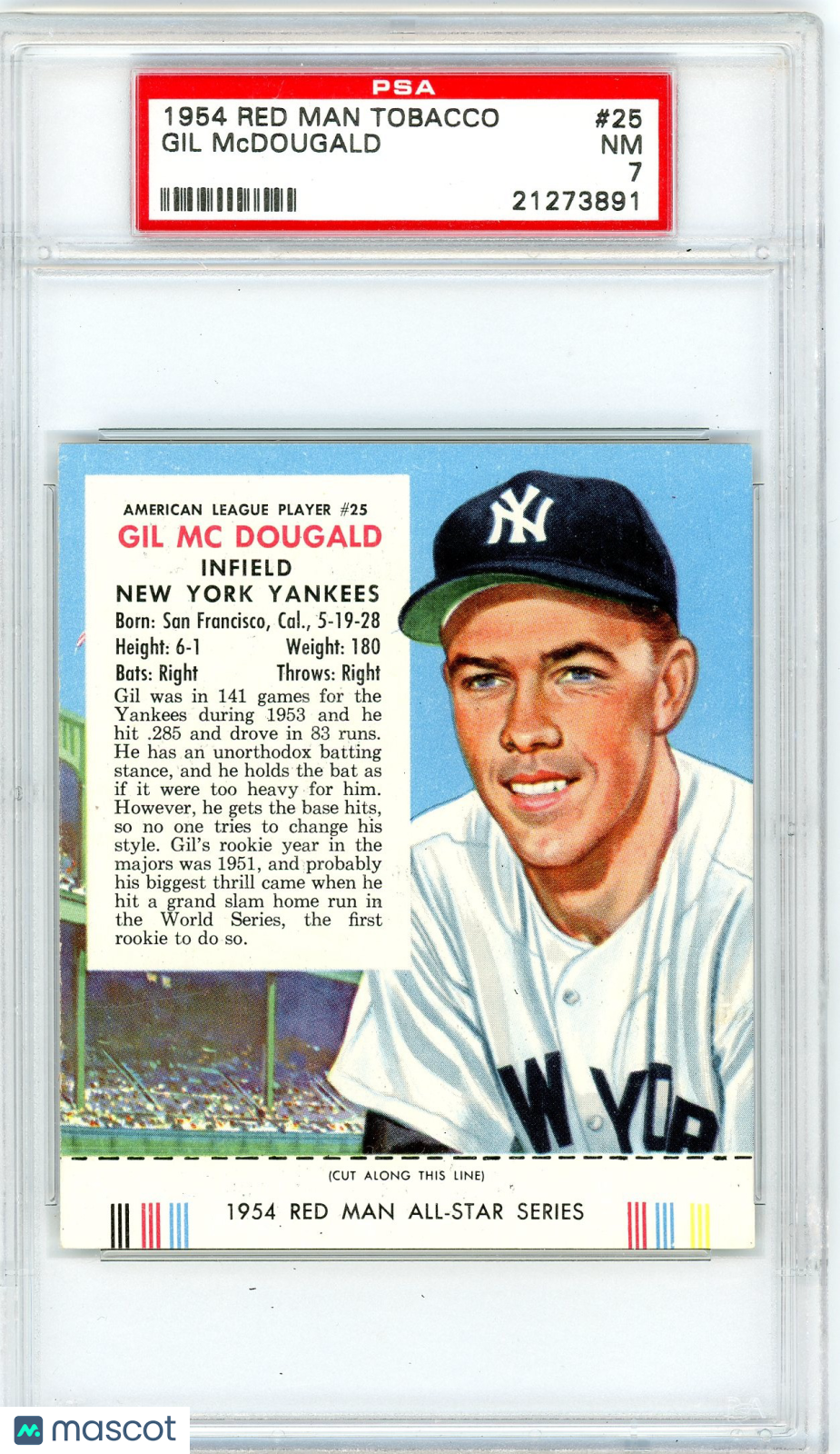 1954 Red Man Tobacco Gil Mcdougald #25 PSA 7