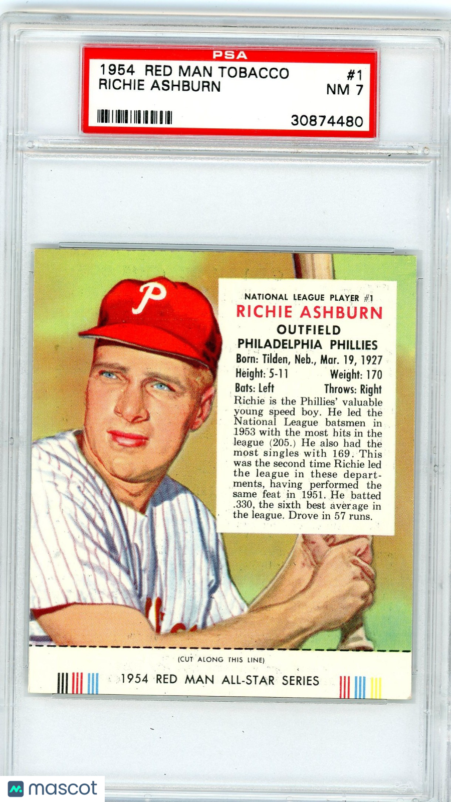 1954 Red Man Tobacco Richie Ashburn #1 PSA 7