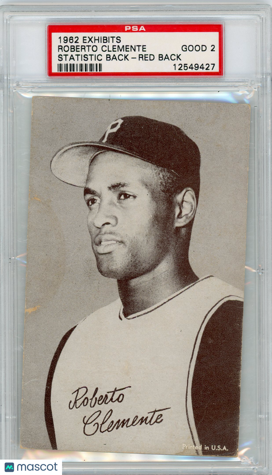 1962 Exhibits Statistic Back Roberto Clemente Red PSA 2