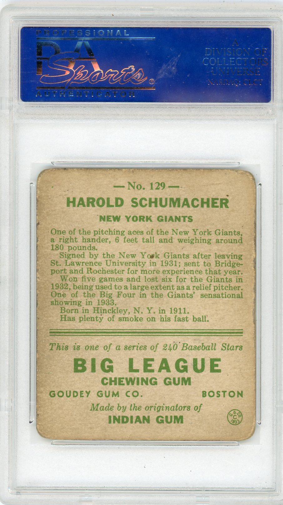 1933 Goudey Harold Schumacher #129 PSA 3