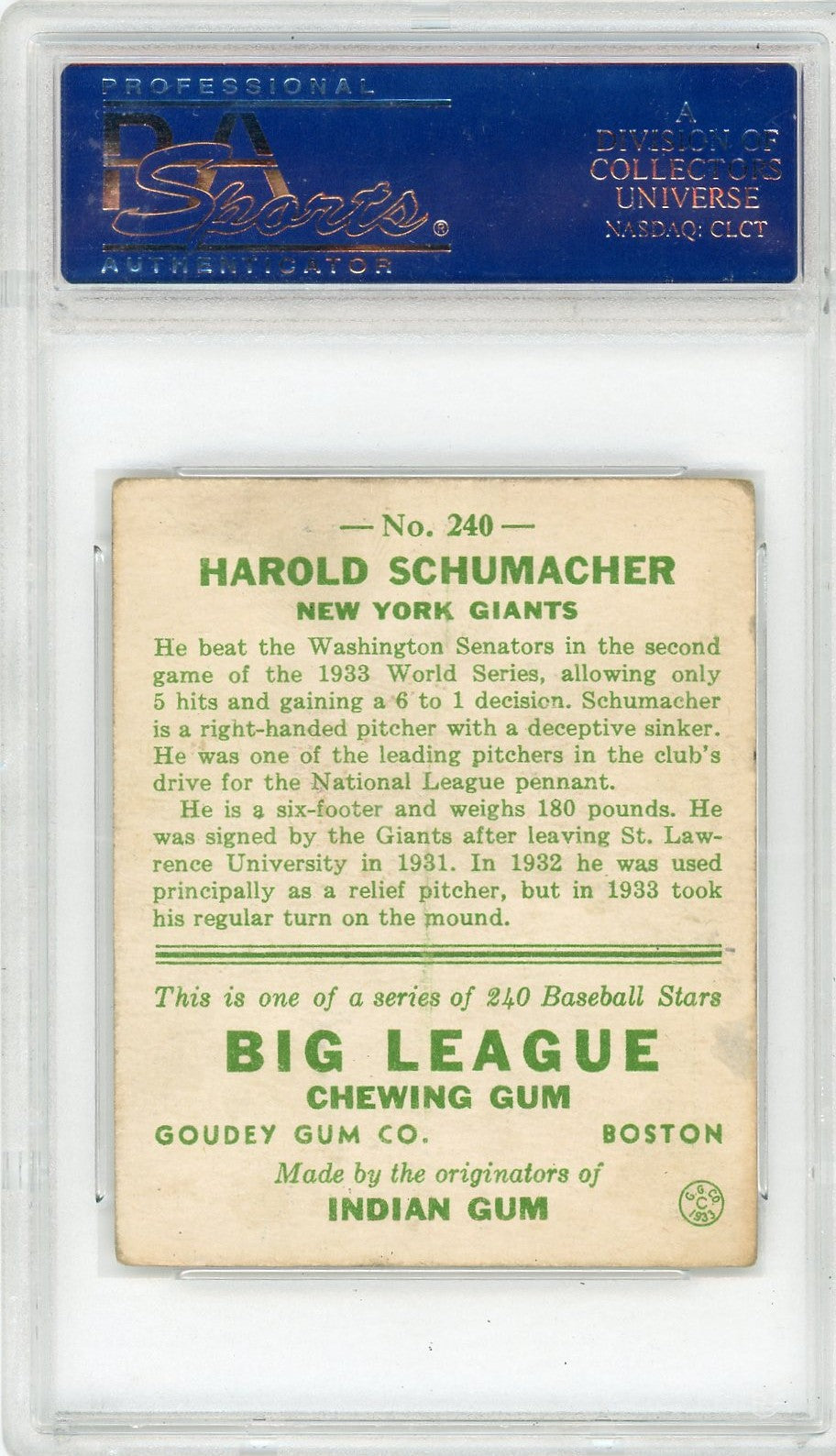 1933 Goudey Harold Schumacher #240 PSA 3