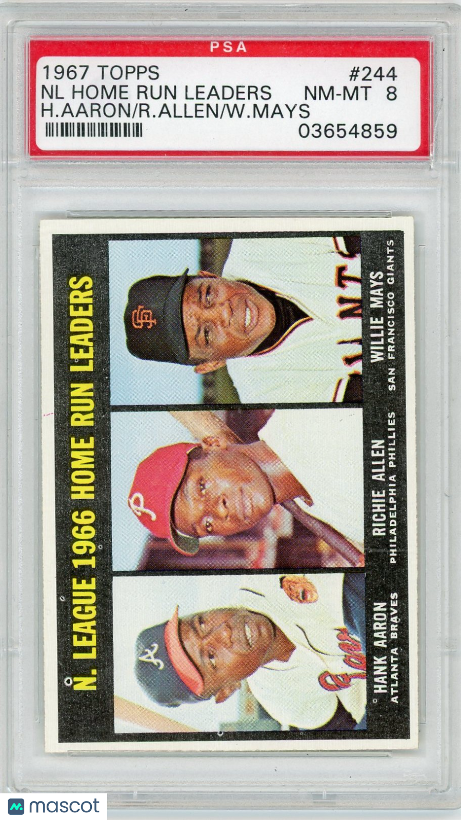 1967 Topps NL Home Run Leaders #244 H. Aaron R. Allen W. Mays PSA 8