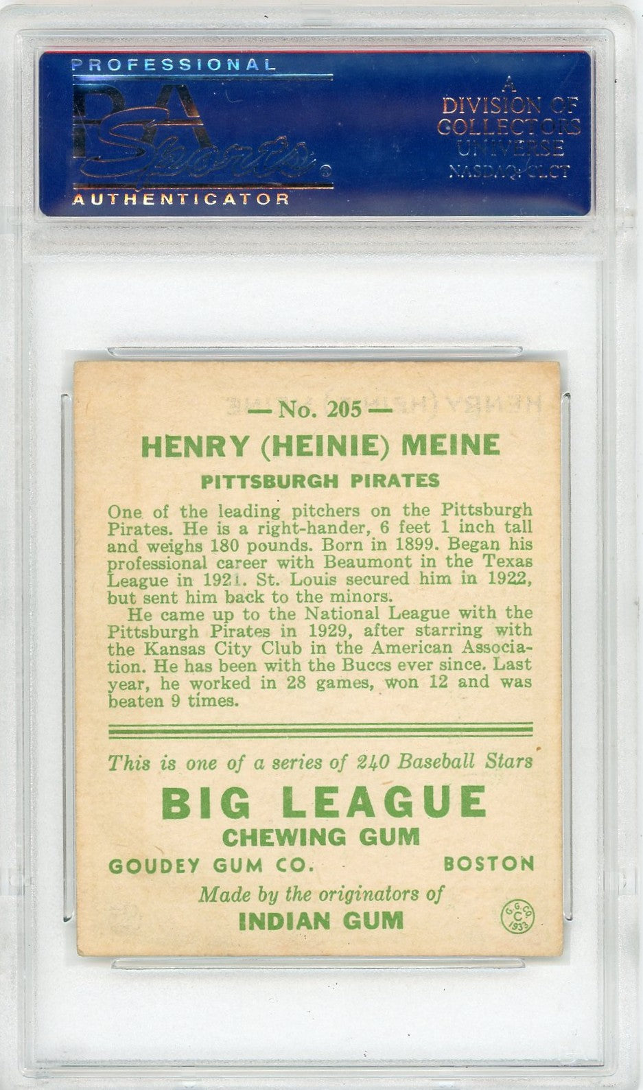 1933 Goudey Heinie Meine #205 PSA 5