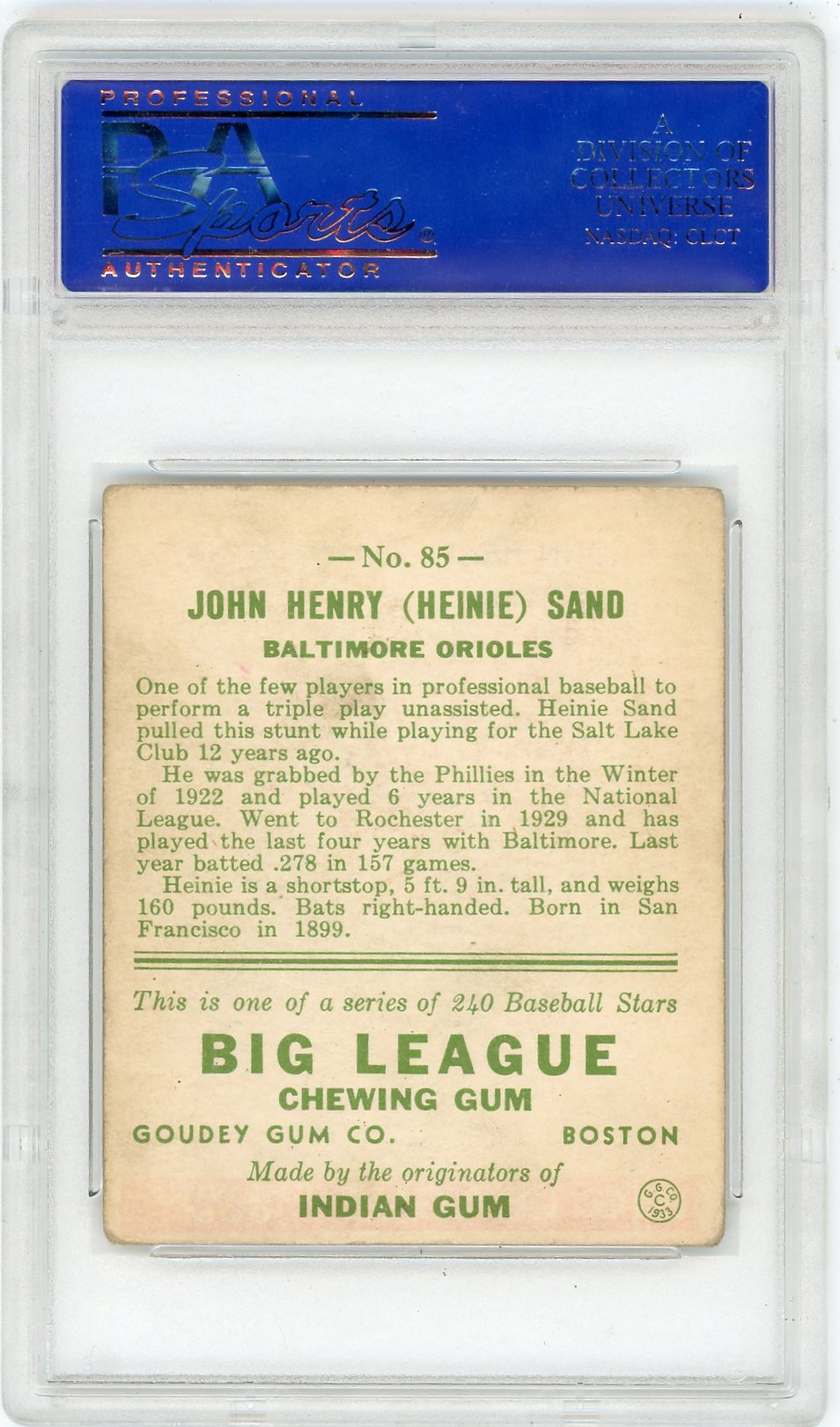 1933 Goudey Heinie Sand #85 PSA 3