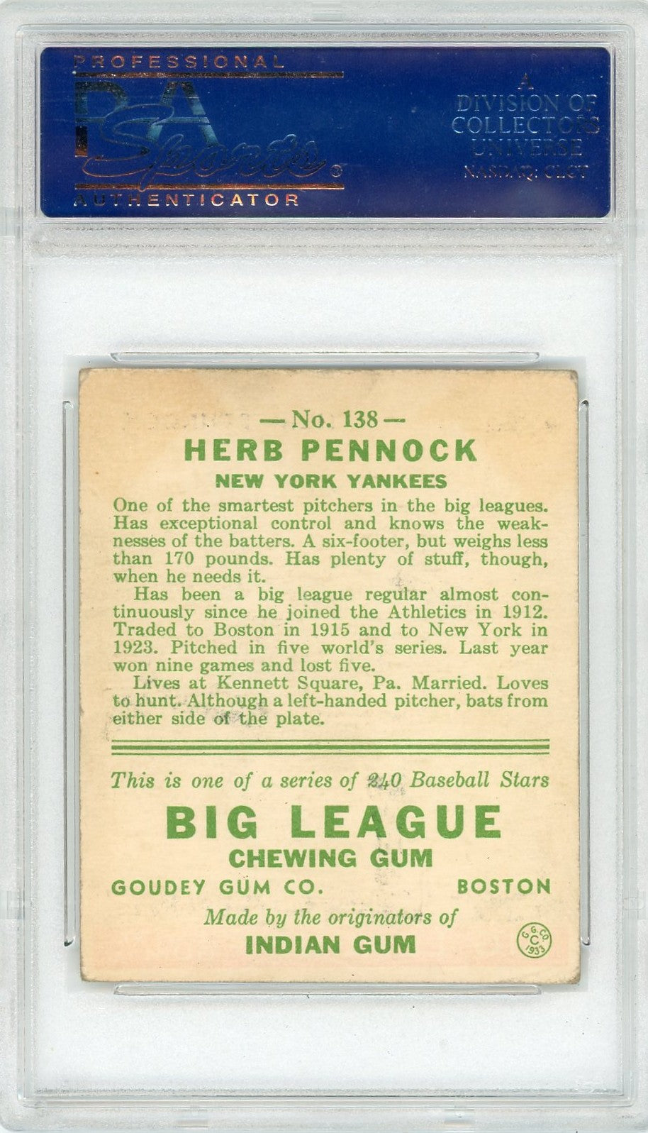 1933 Goudey Herb Pennock #138 PSA 4