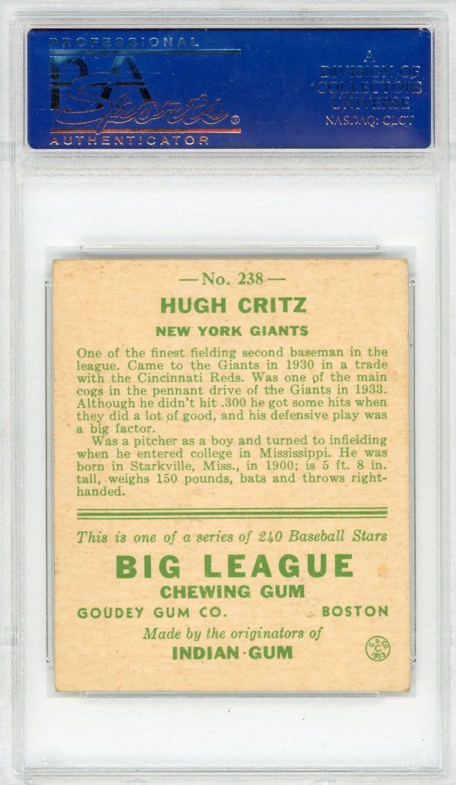 1933 Goudey Hugh Critz #238 PSA 5
