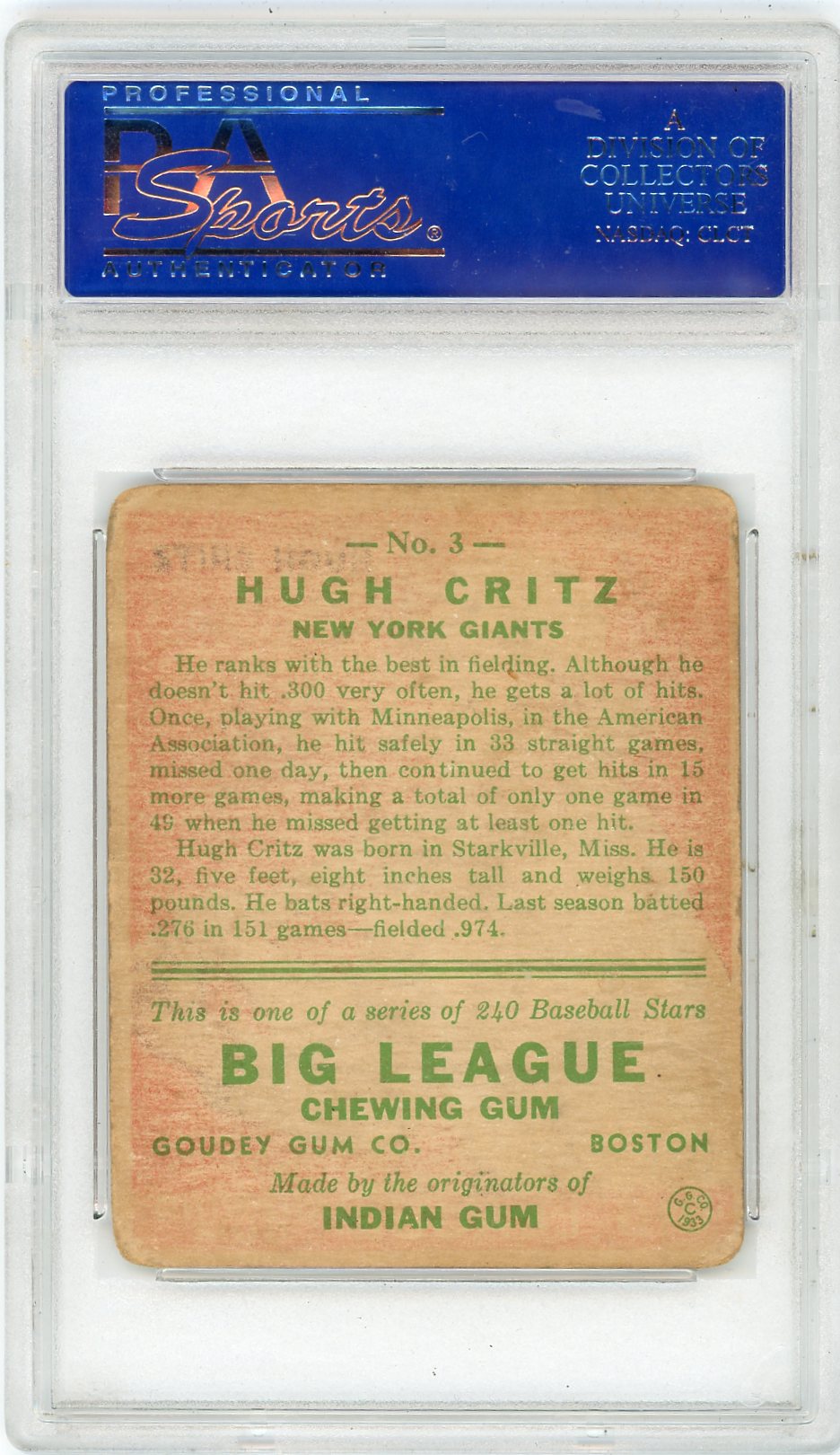 1933 Goudey Hugh Critz #3 PSA 3