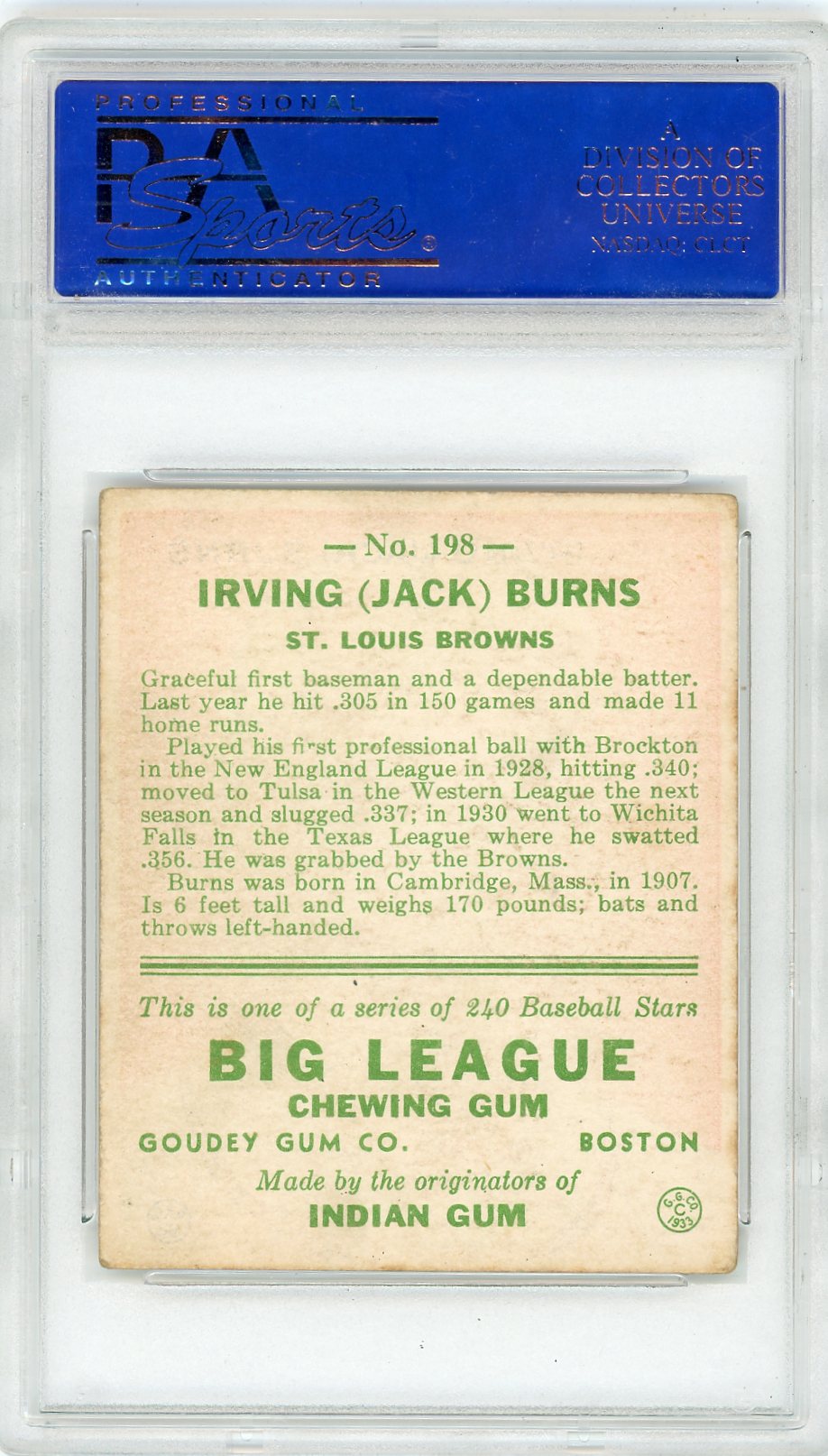 1933 Goudey Jack Burns #198 PSA 4