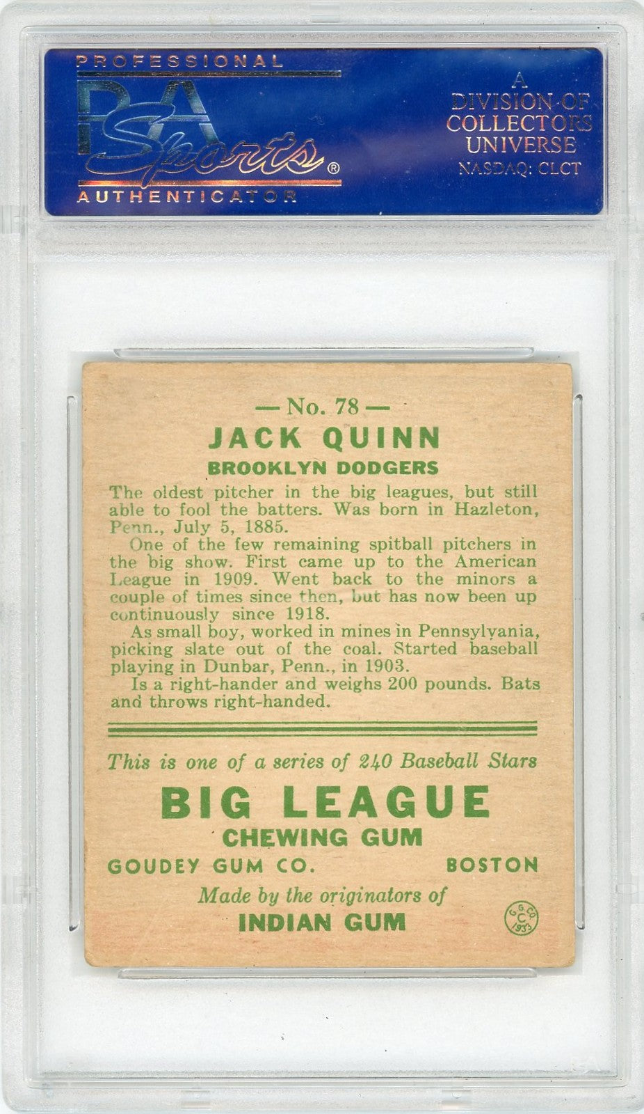 1933 Goudey Jack Quinn #78 PSA 4