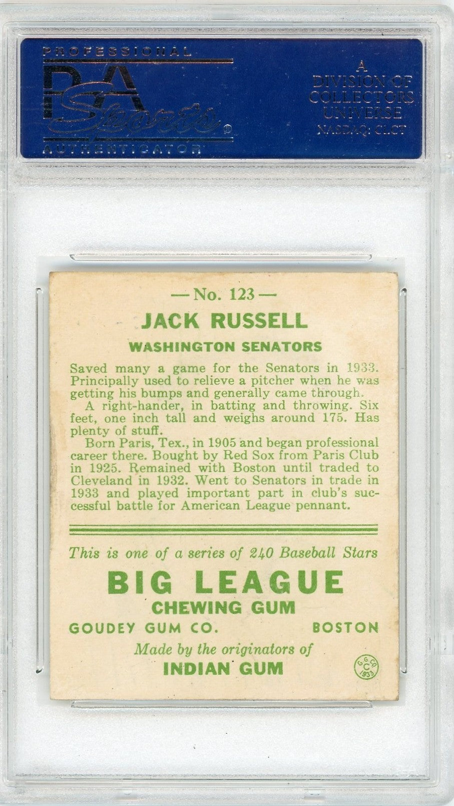 1933 Goudey Jack Russell #123 PSA 3