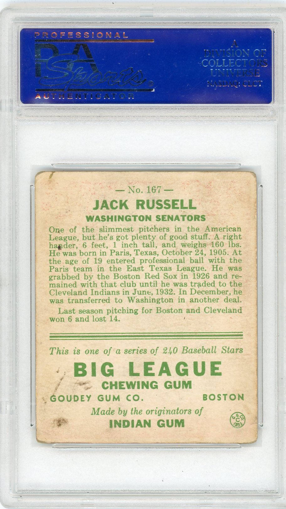 1933 Goudey Jack Russell #167 PSA 3