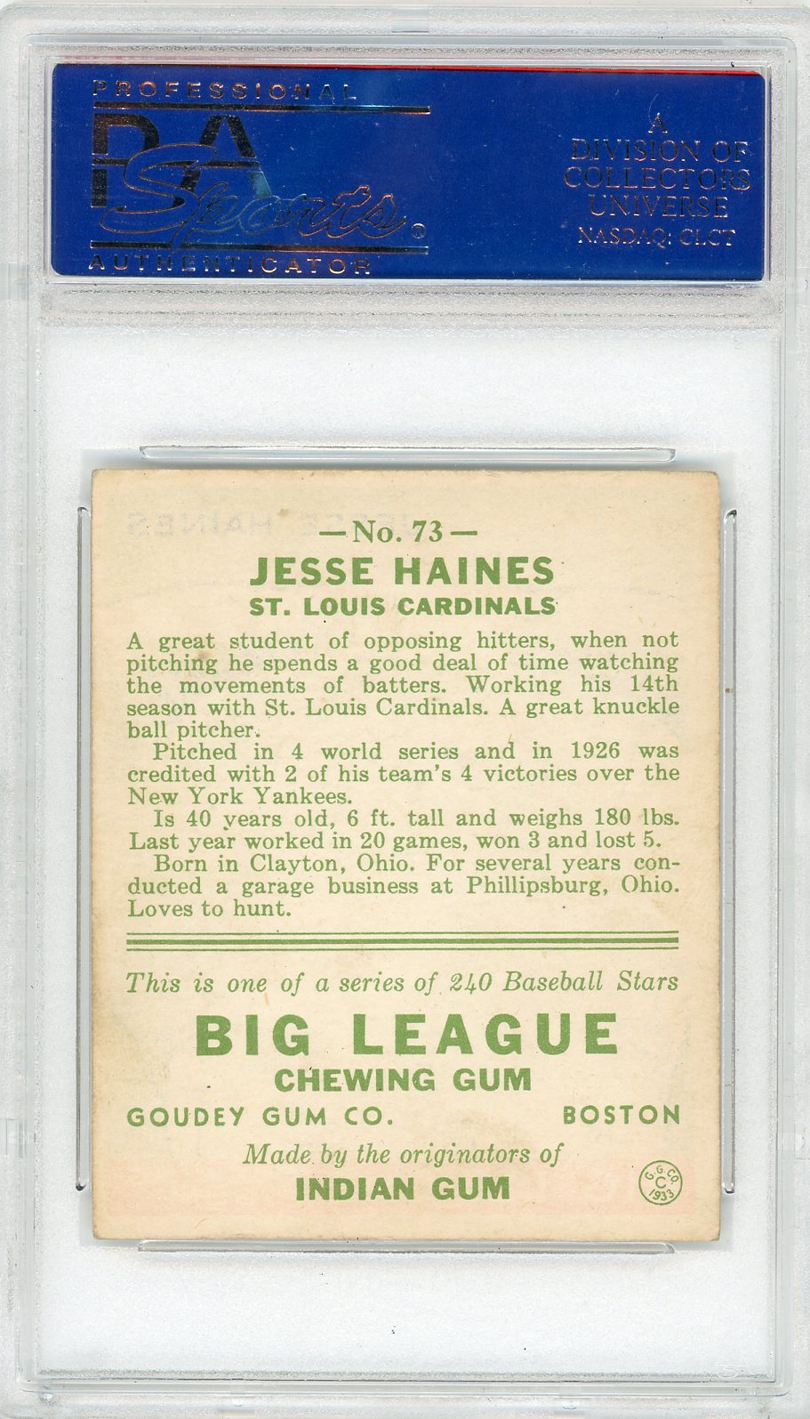 1933 Goudey Jesse Haines #73 PSA 4