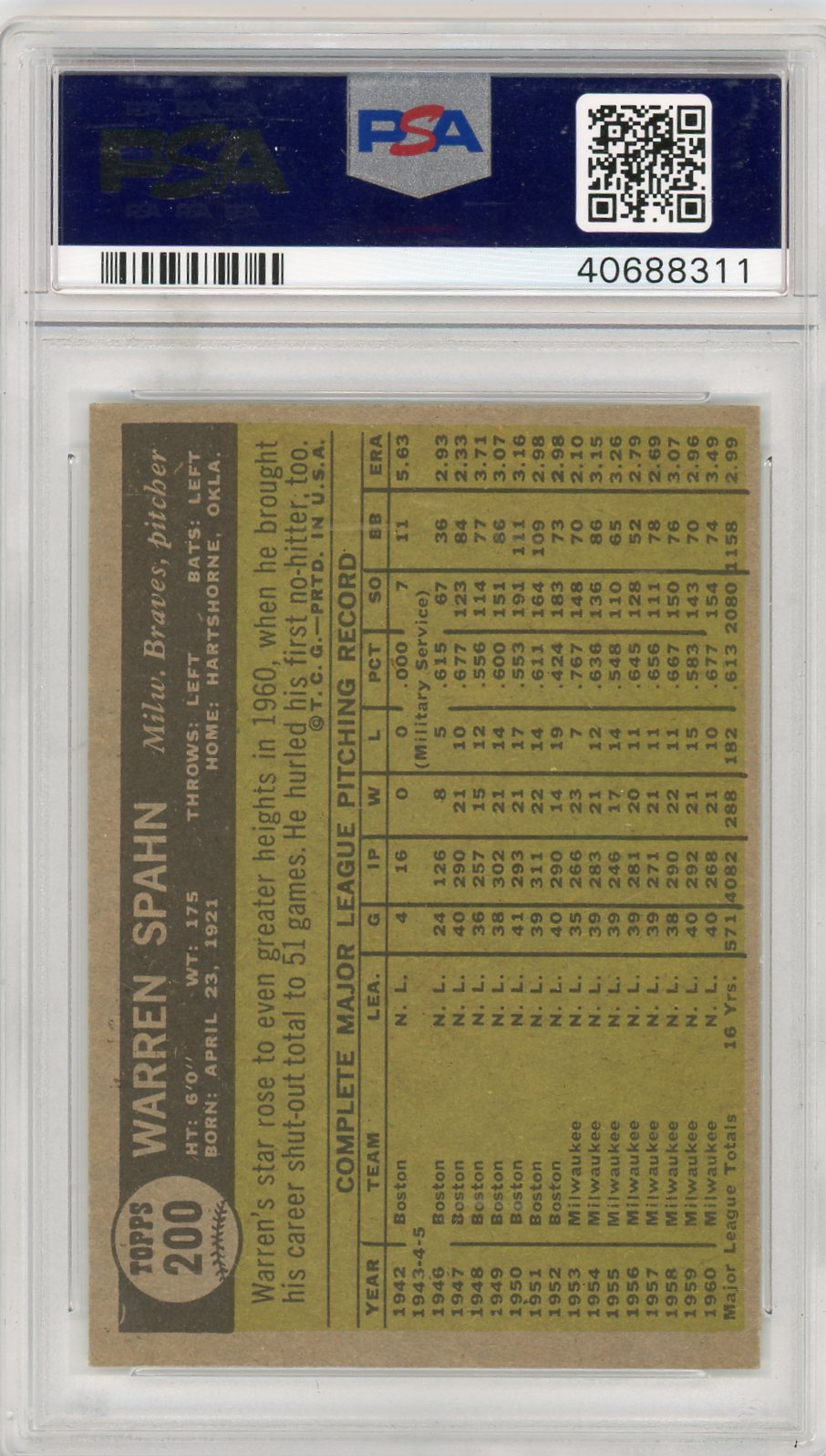 1961 Topps Warren Spahn #200 PSA 8