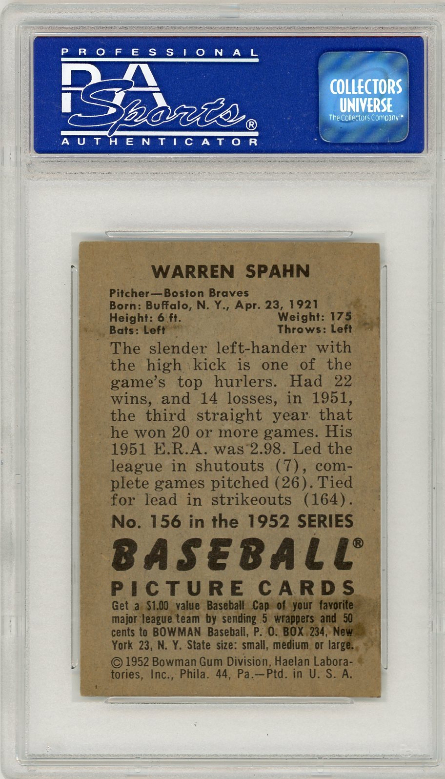 1952 Bowman Warren Spahn #156 PSA 6