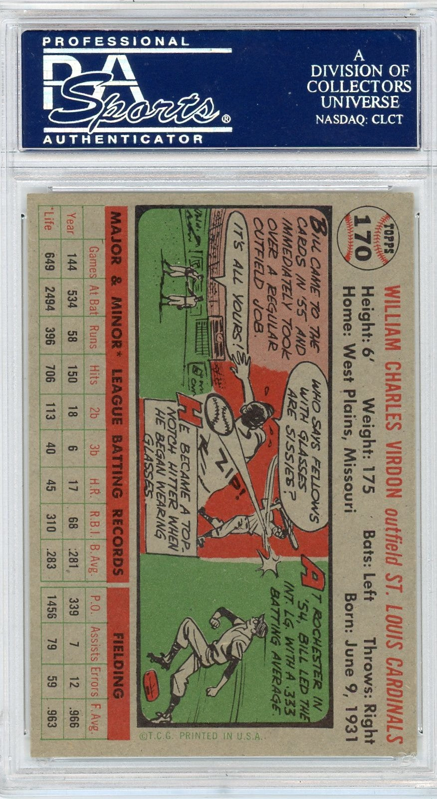 1956 Topps Bill Virdon #170 Gray Back PSA 7