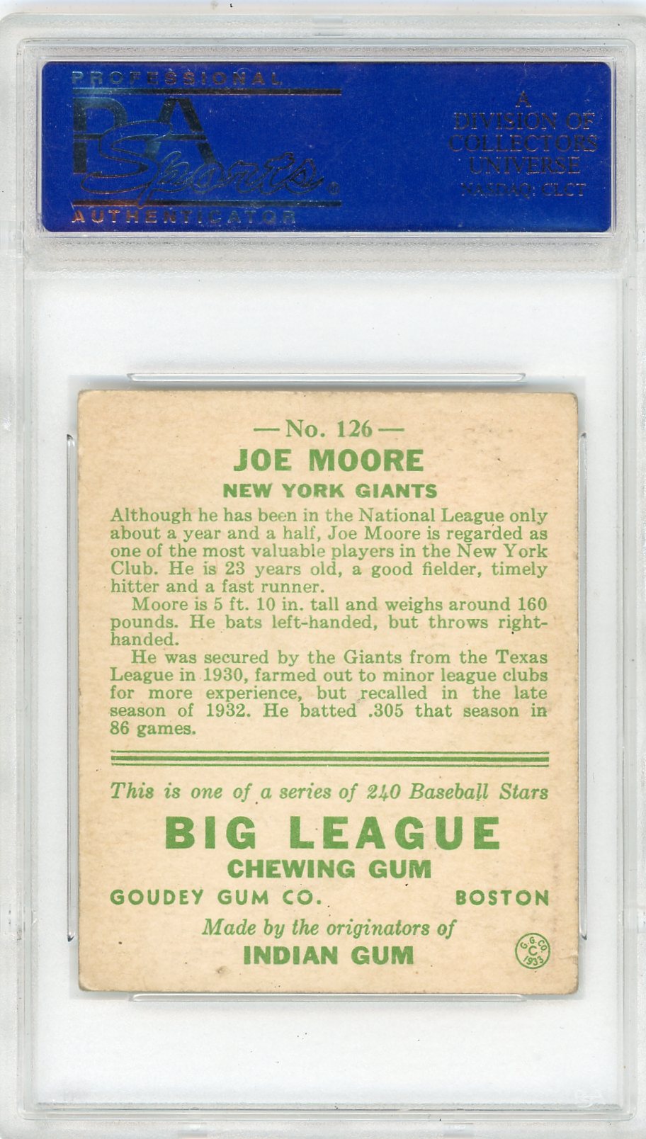 1933 Goudey Joe Moore #126 PSA 2