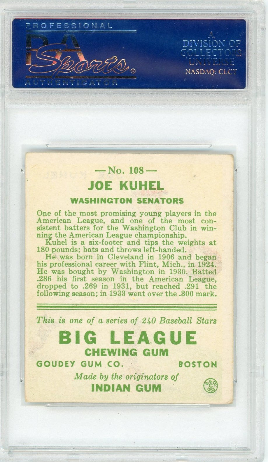 1933 Goudey Joe Kuhel #108 PSA 2