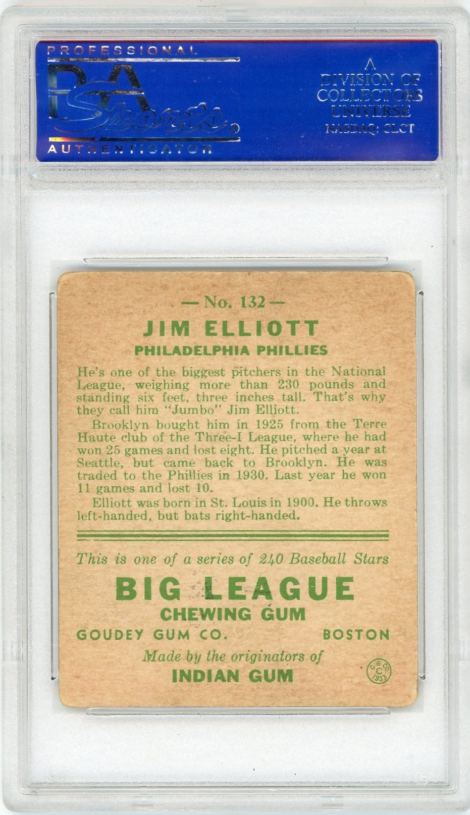 1933 Goudey Jim Elliott #132 PSA 3