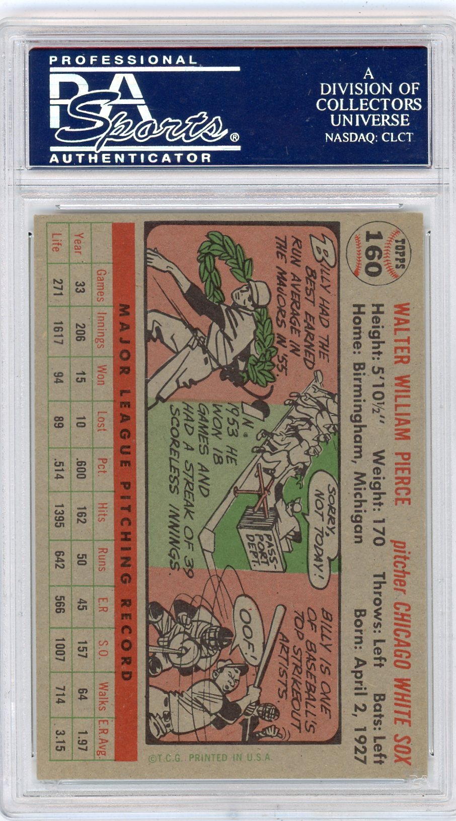 1956 Topps Billy Pierce #160 Gray Back PSA 7