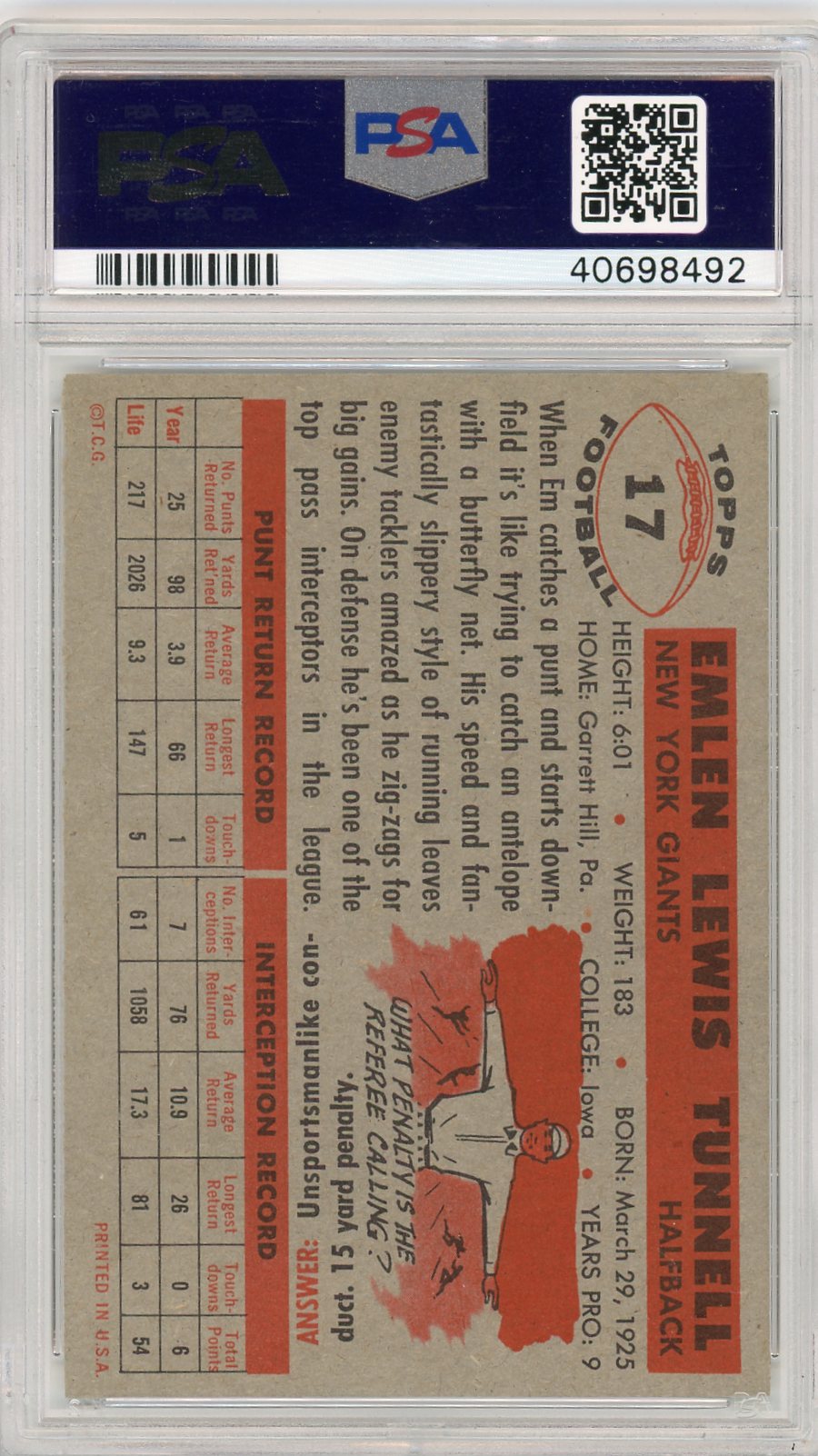 1956 Topps Emlen Tunnell #17 PSA 8