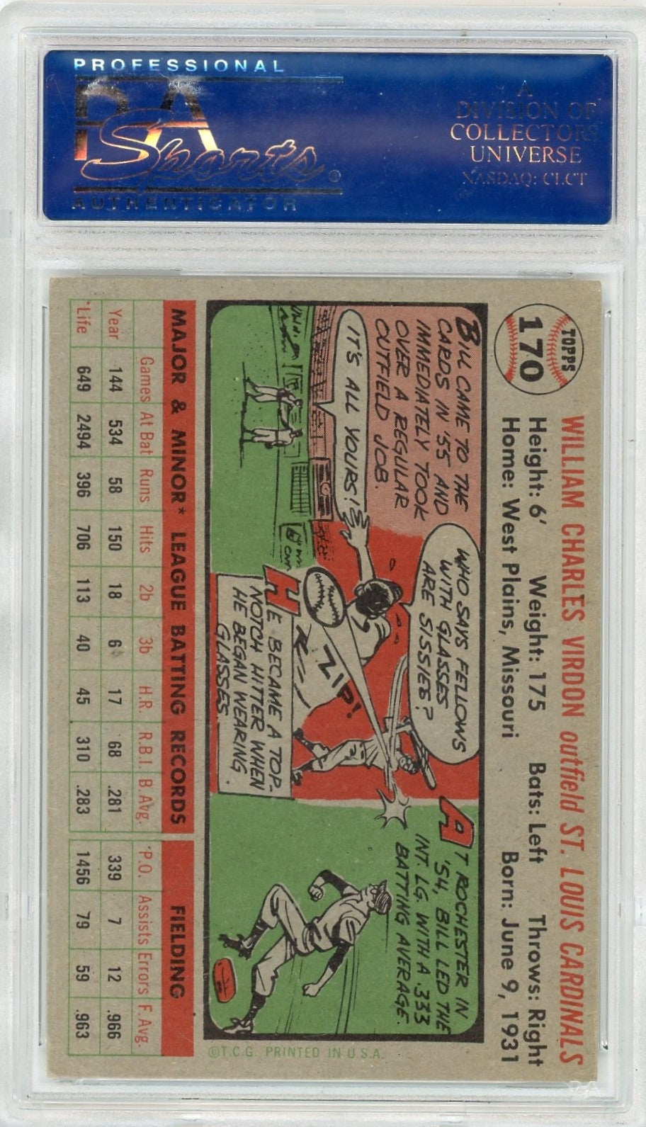 1956 Topps Bill Virdon #170 Gray Back PSA 8
