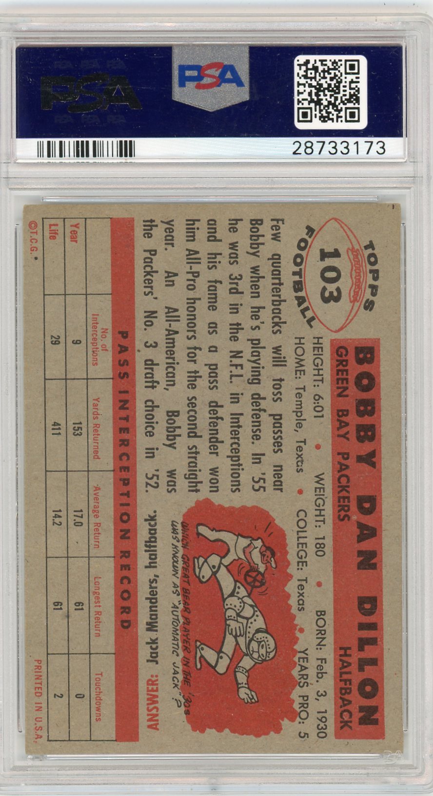 1956 Topps Bobby Dillon #103 PSA 8