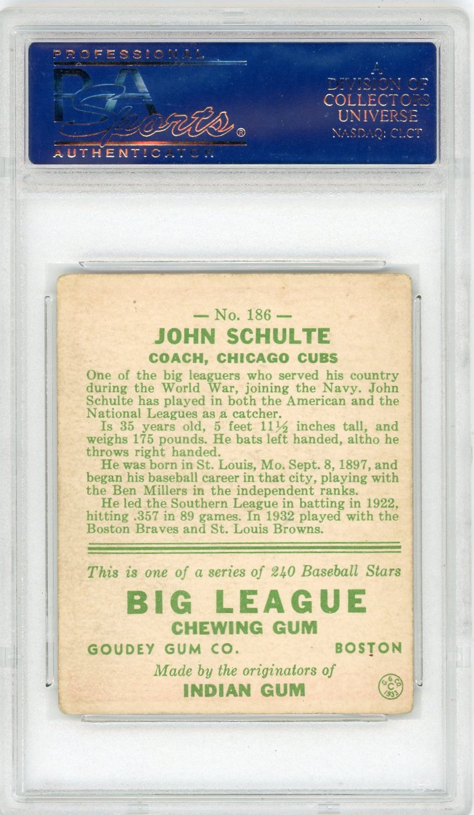 1933 Goudey John Schulte #186 PSA 4