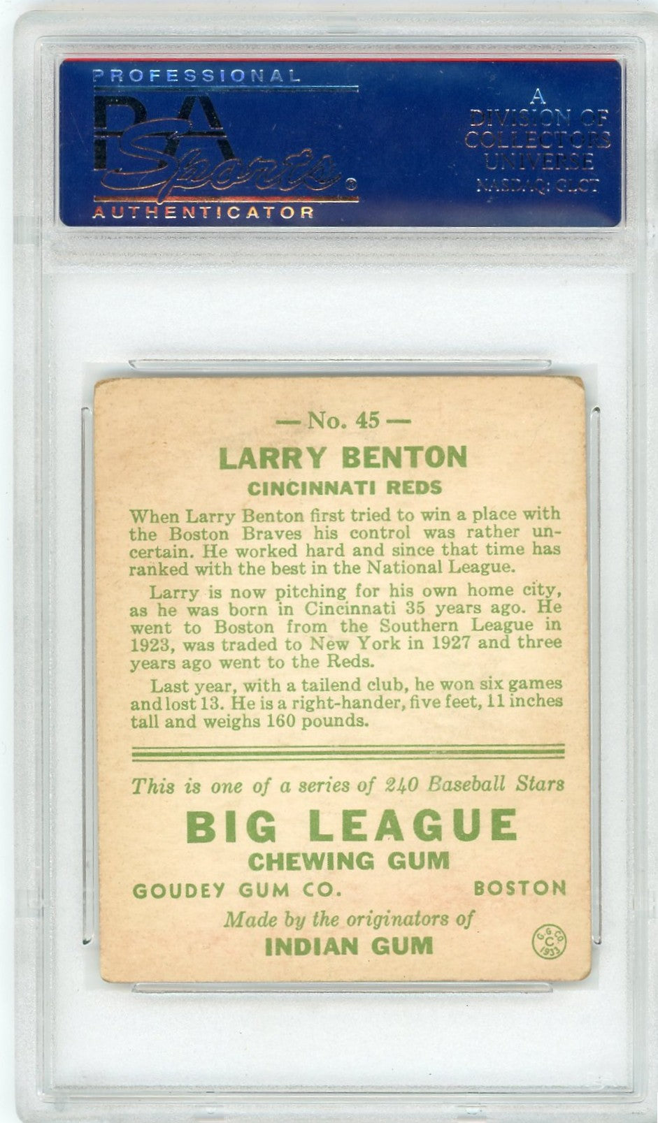 1933 Goudey Larry Benton #45 PSA 3