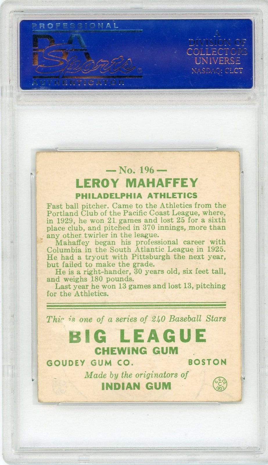 1933 Goudey Leroy Mahaffey #196 PSA 3