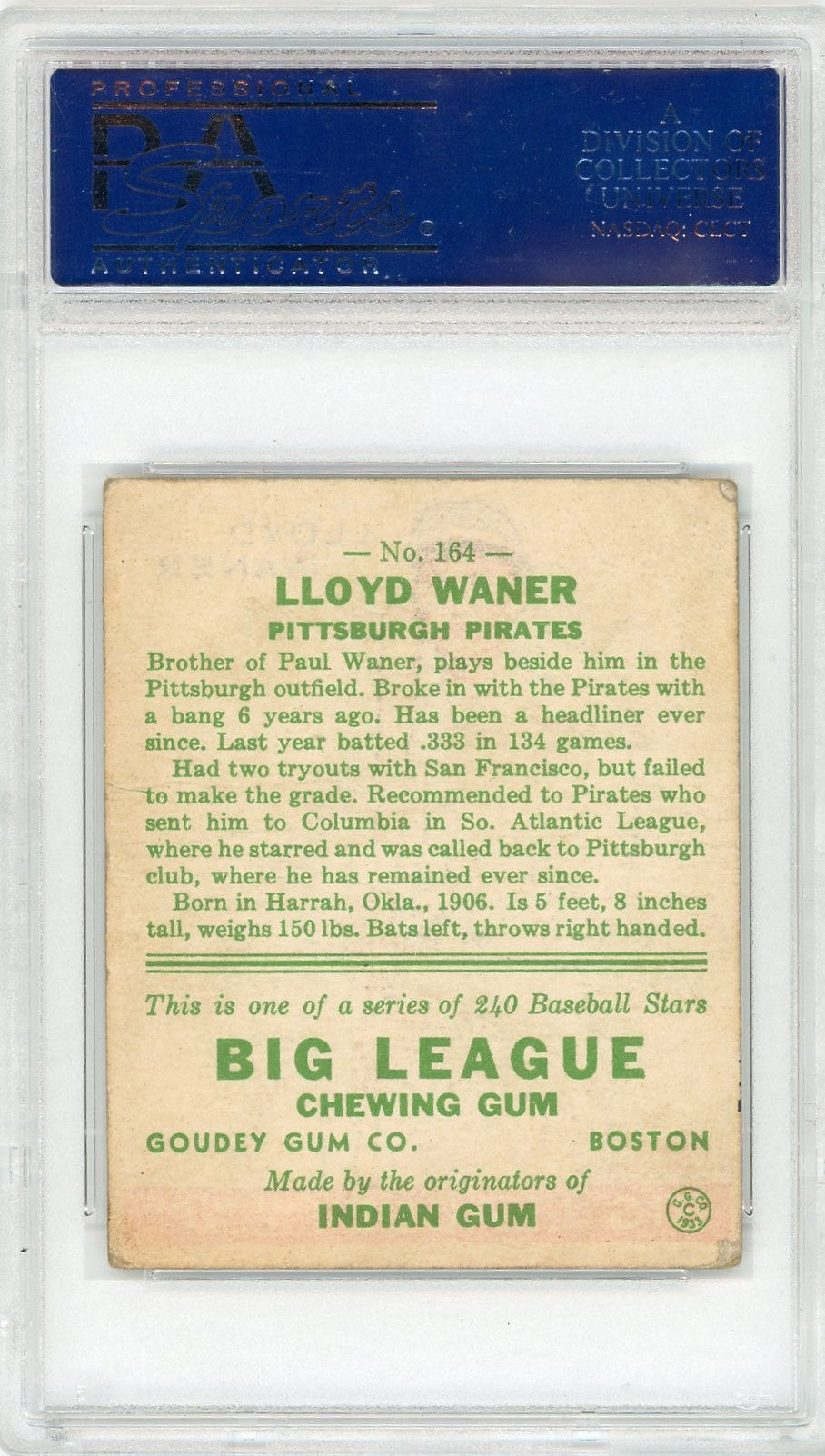 1933 Goudey Lloyd Waner #164 PSA 1