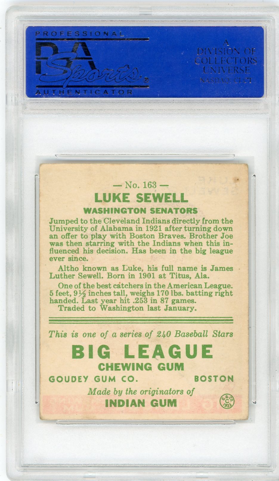 1933 Goudey Luke Sewell #163 PSA 4