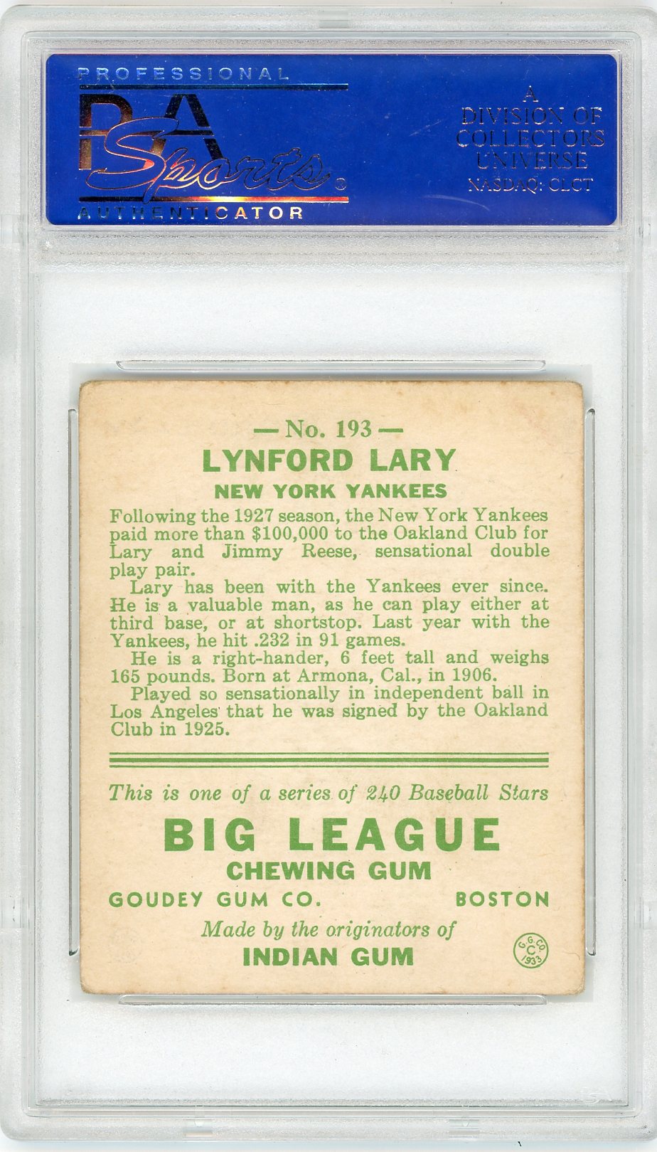 1933 Goudey Lynford Lary #193 PSA 3