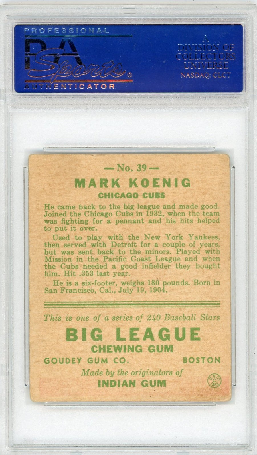 1933 Goudey Mark Koenig #39 PSA 3